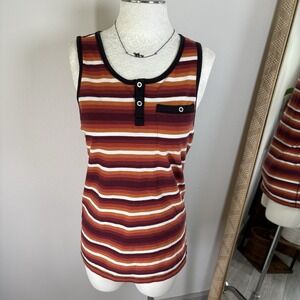 Bar III womens S Brown Striped Tank Top Retro Aesthetic Cotton Blend Henley Neck